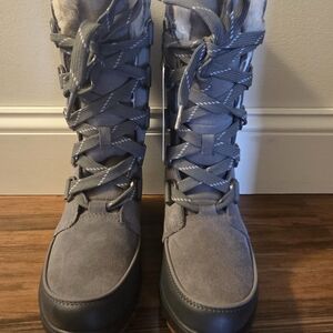 Sorel Gray Suede Lace-Up Faux-Fur Winter Boots